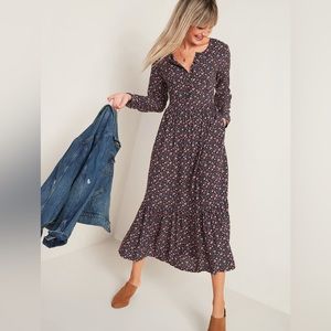 NWOT Old Navy LS Button-front Dress with Pockets Navy Floral Small